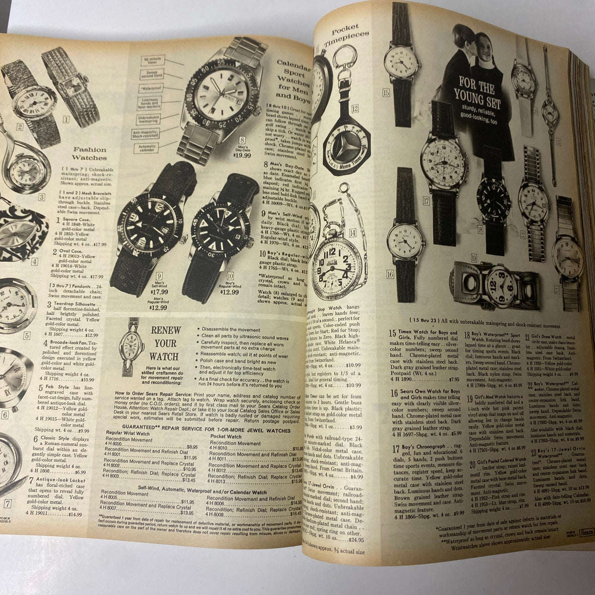1968 Sears Fall and Winter Catalog displaying a variety of men's and boys' fashion watches, highlighting styles and prices from the era.