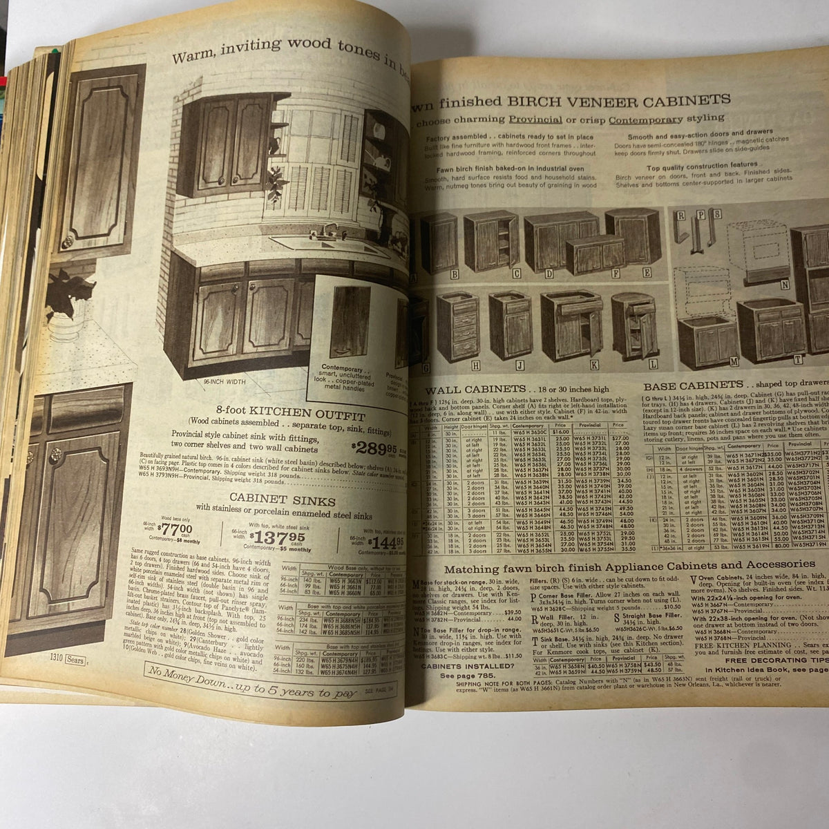 A kitchen cabinets advertisement from the 1968 Sears Fall and Winter Catalog, presenting birch veneer cabinets with price details.