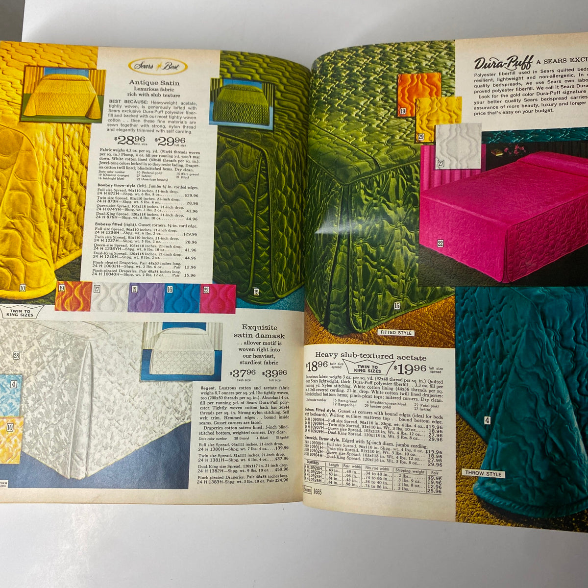 1968 Sears Fall and Winter Catalog displaying an array of luxurious bed covers in vibrant colors and textures, highlighting fabric details and pricing.