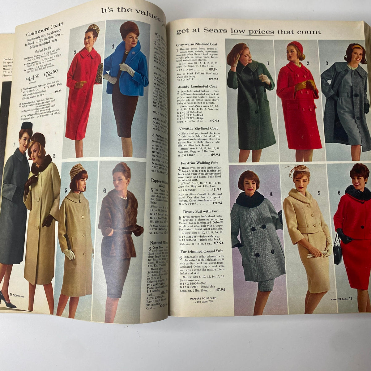 1963 Sears Fall and Winter Catalog highlighting a variety of women's cashmere coats in bold colors and stylish cuts, reflecting the fashion values of the early 1960s.