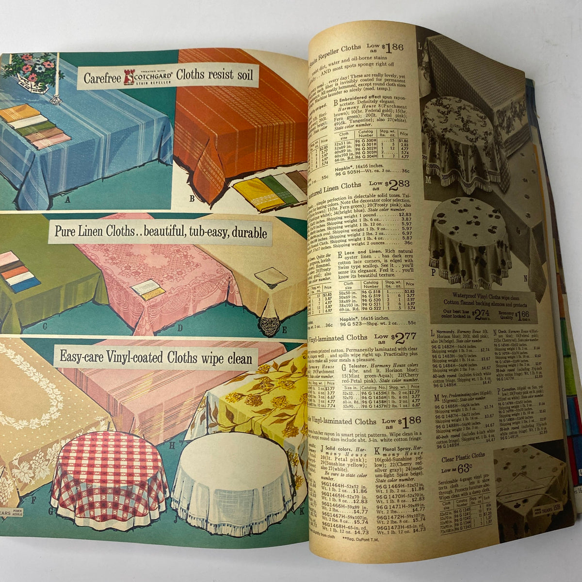 Tablecloth options and descriptions from the 1963 Sears Fall and Winter Catalog, highlighting various materials and designs for home dining.
