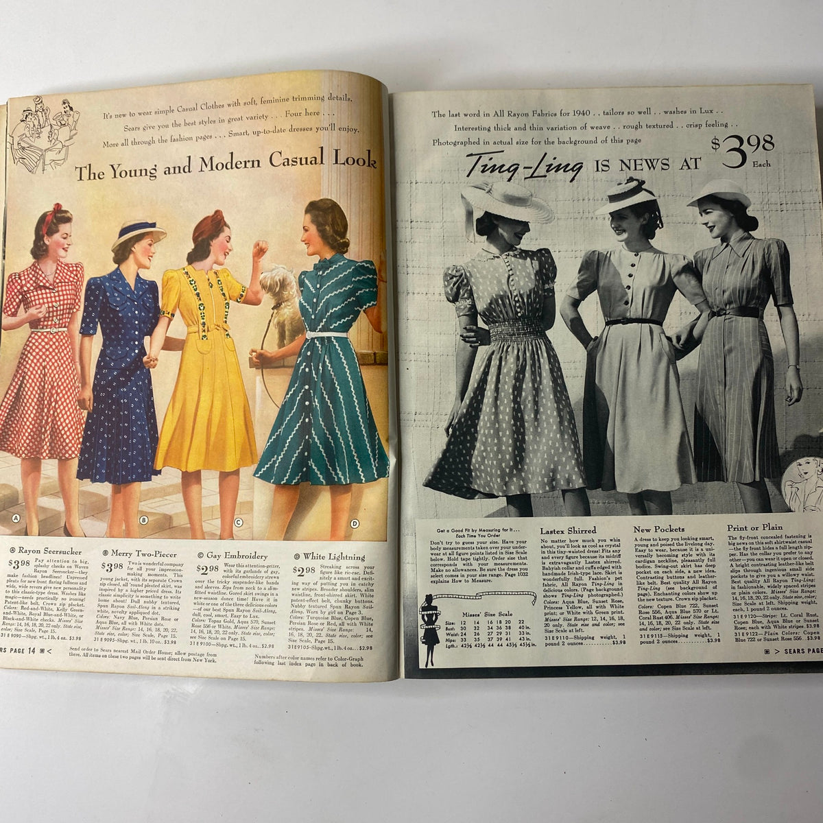 1940 Sears Spring and Summer Catalog featuring women's casual dresses and fashion styles from the 1940s.