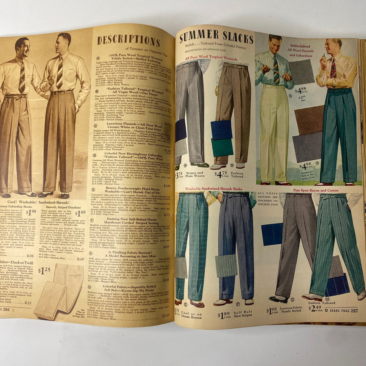 1940 Sears Spring and Summer Catalog outlining summer slacks for men with various styles and fabrics.