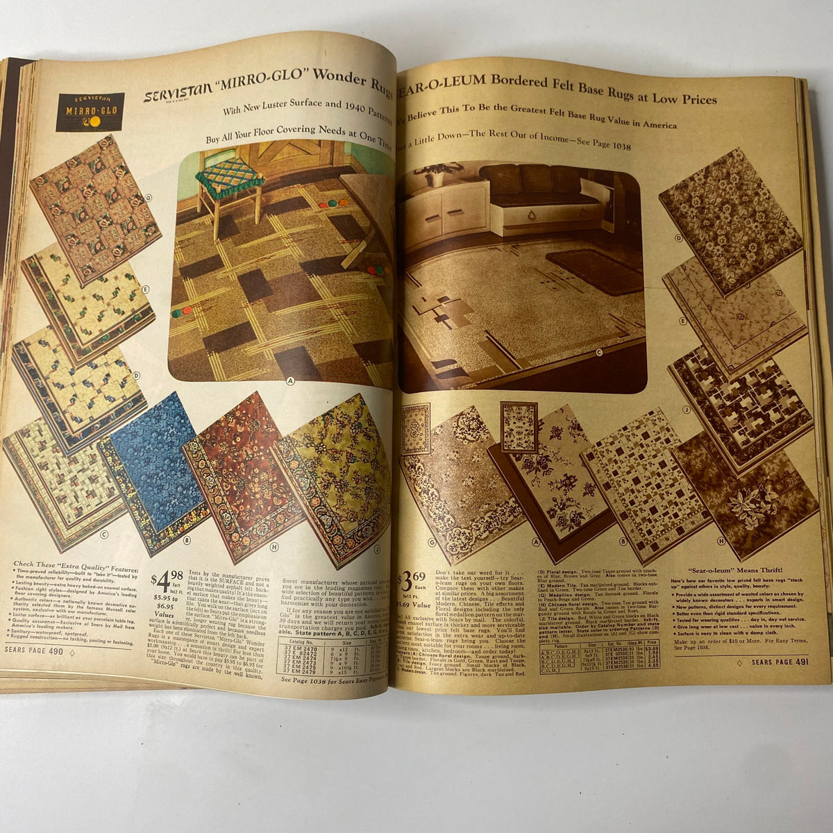 1940 Sears Spring and Summer Catalog featuring various floor covering options including felt base rugs and stylish patterns.