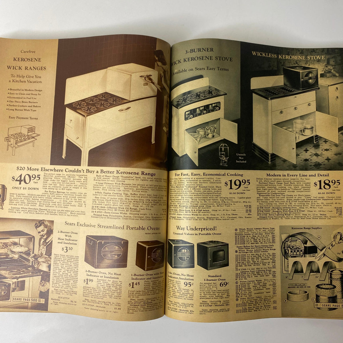 1940 Sears Spring and Summer Catalog page displaying kerosene ranges and cooking appliances available for purchase.