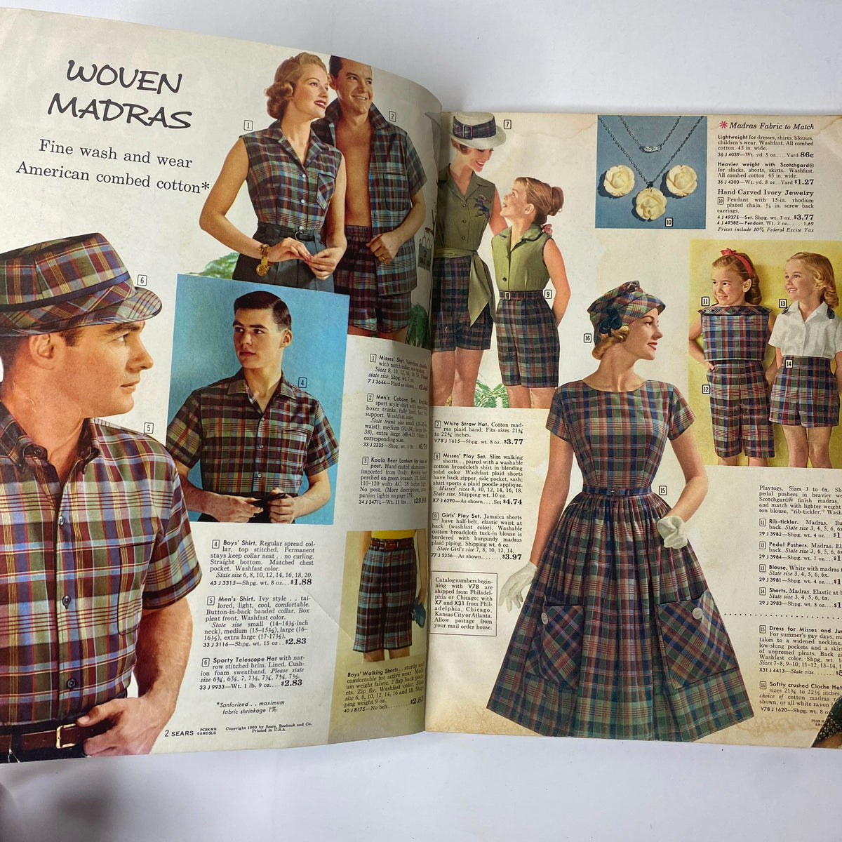 Interior page of the 1960 Sears Summer Sale Catalog displaying Woven Madras clothing styles for men and women, including matching outfits for the entire family.