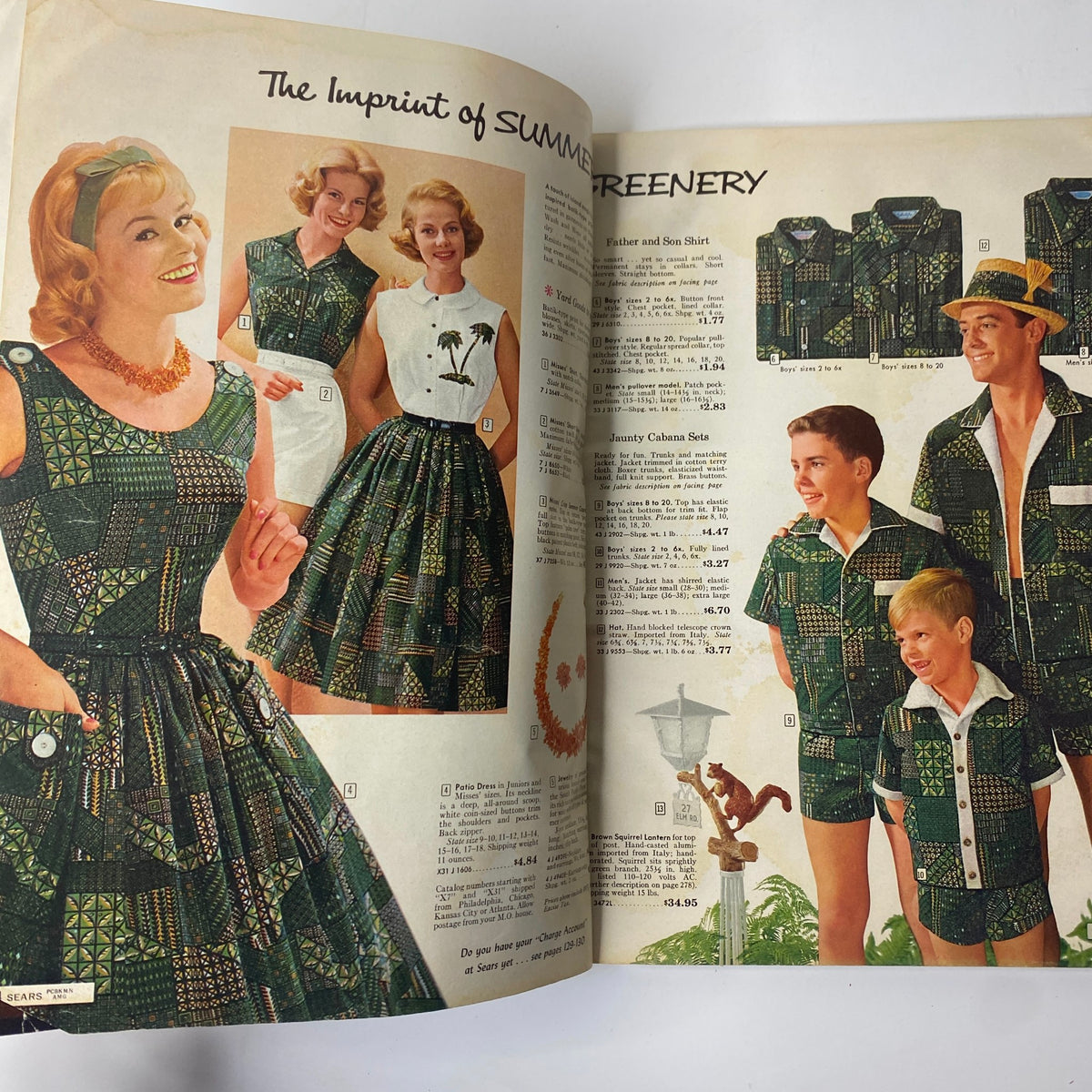 Interior page of the 1960 Sears Summer Sale Catalog highlighting summer dresses and family matching outfits with vibrant patterns and designs.
