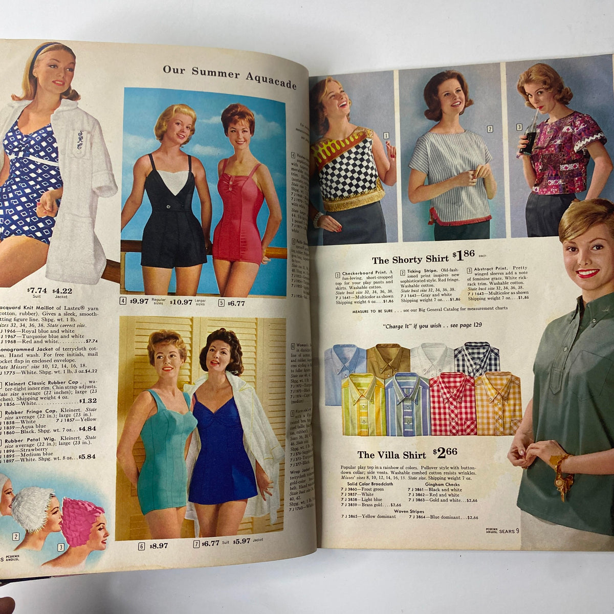 1960 Sears Summer Sale Catalog featuring women in summer swimwear, including colorful swimsuits, tops, and beach attire, showcasing mid-century fashion.