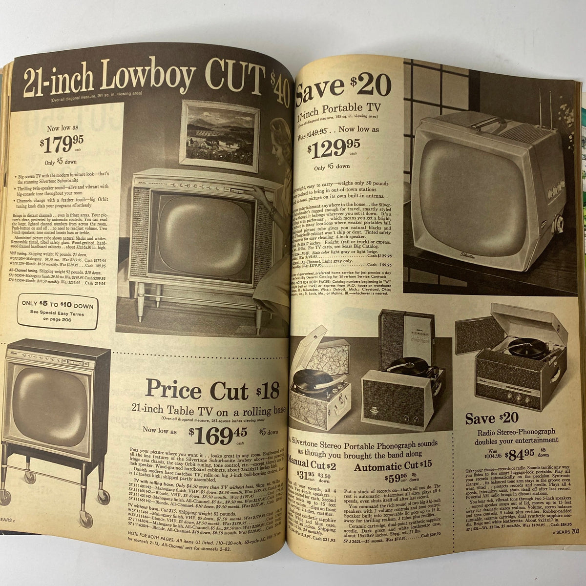 1960 Sears Summer Sale Catalog displaying vintage televisions and phonographs, highlighting mid-century entertainment technology and home appliances.