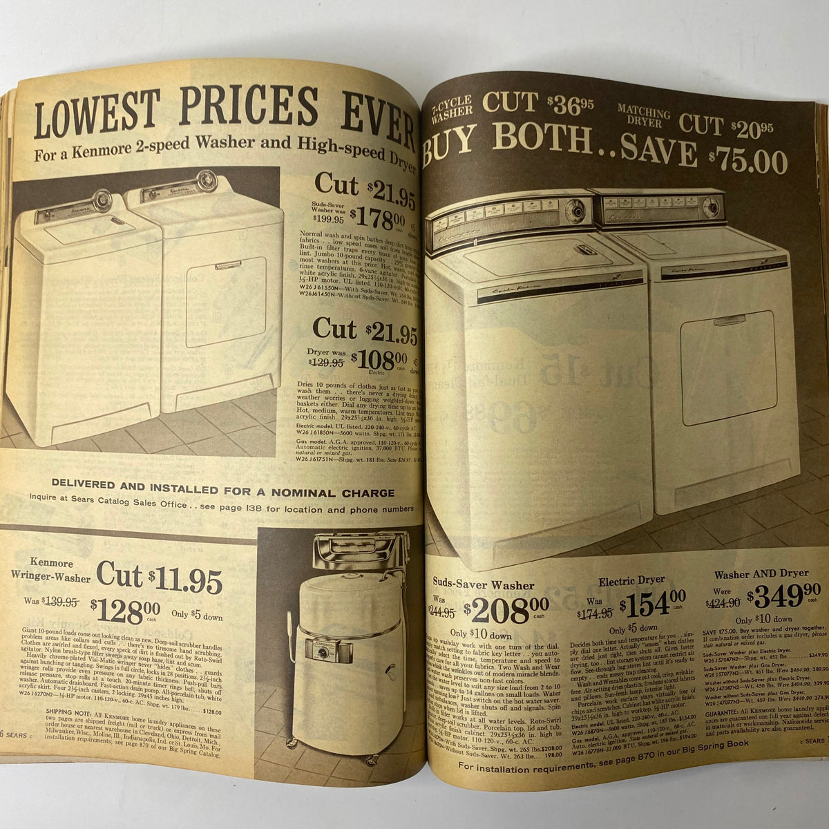 1960 Sears Summer Sale Catalog featuring home appliances, specifically washers and dryers, with pricing and descriptions, reflecting mid-century household trends.