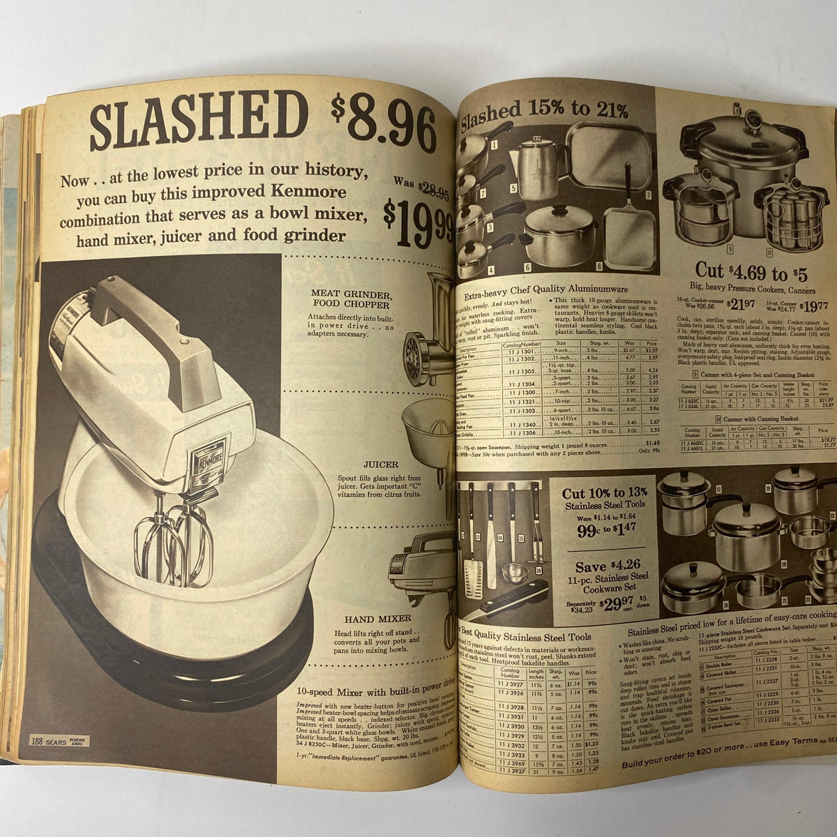 1960 Sears Summer Sale Catalog displaying kitchen equipment and cooking tools with discounted prices, illustrating popular cooking gadgets from the 1960s.
