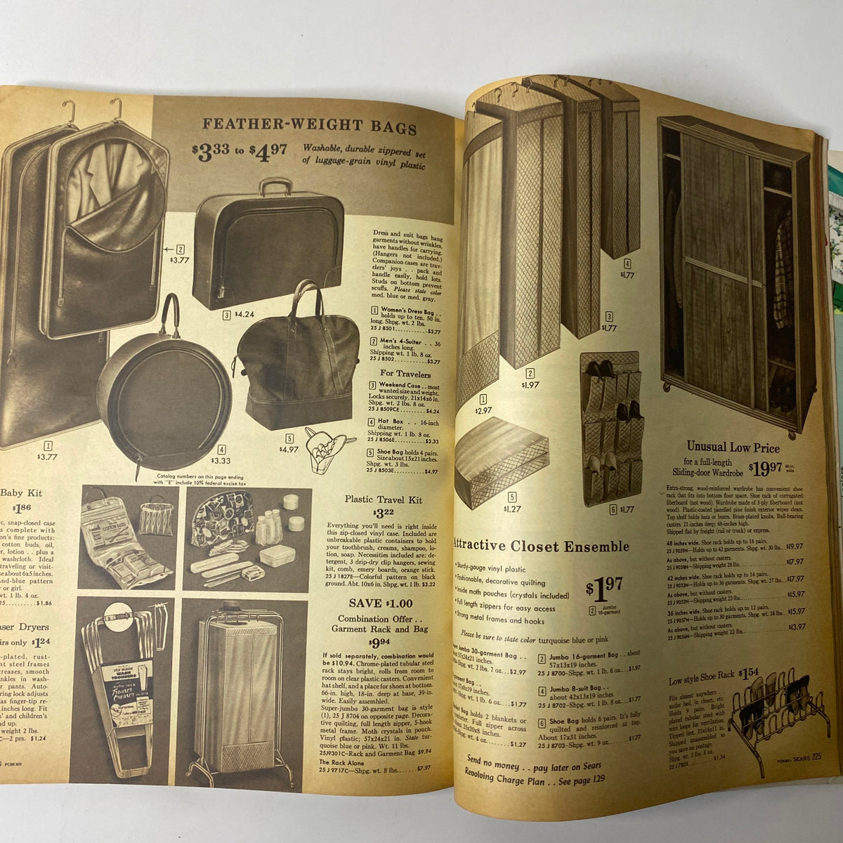 1960 Sears Summer Sale Catalog featuring various types of travel bags including Feather-Weight Bags, with pricing and descriptions displayed.