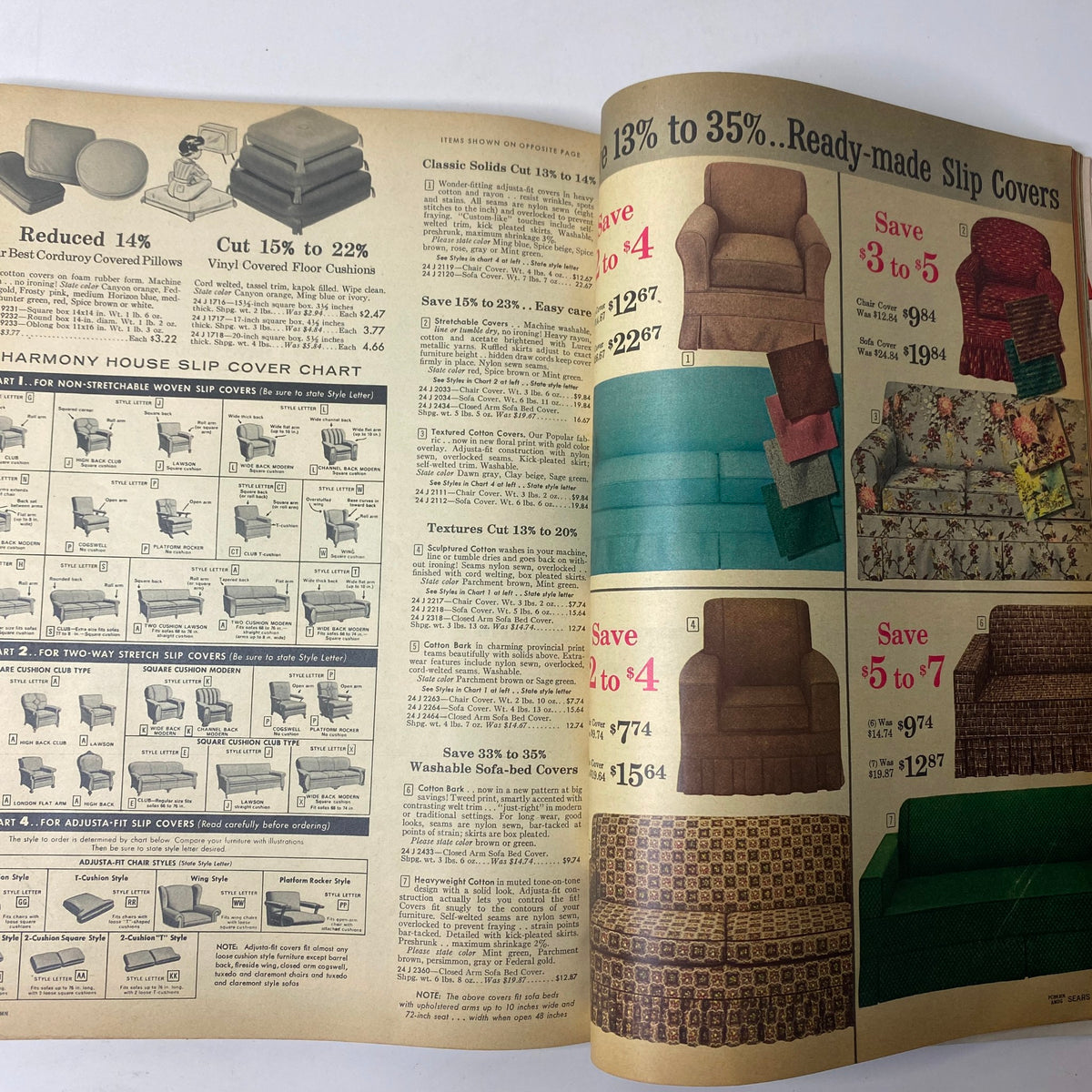 1960 Sears Summer Sale Catalog displaying Harmony House Slip Cover options with discount savings and care instructions.