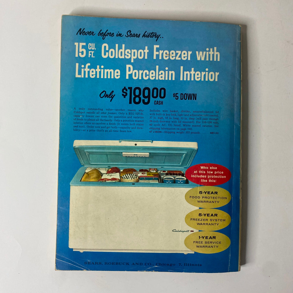 1960 Sears Summer Sale Catalog cover featuring a Coldspot Freezer with a bright blue background and detailed price information.
