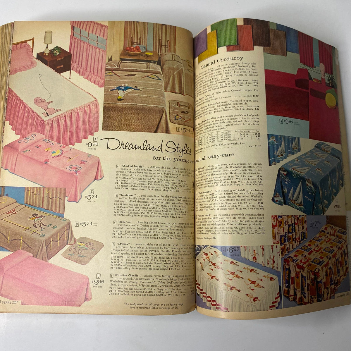 1962 Sears Fall and Winter Catalog page featuring children's bedding designs and playful patterns along with product pricing, indicating trends for young families.
