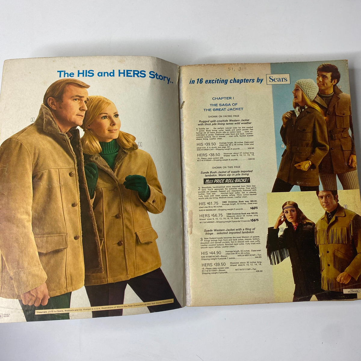 Inside pages of the 1970 Sears Fall and Winter Catalog displaying a couple in coordinated outerwear, representing fashion trends of the 1970s.