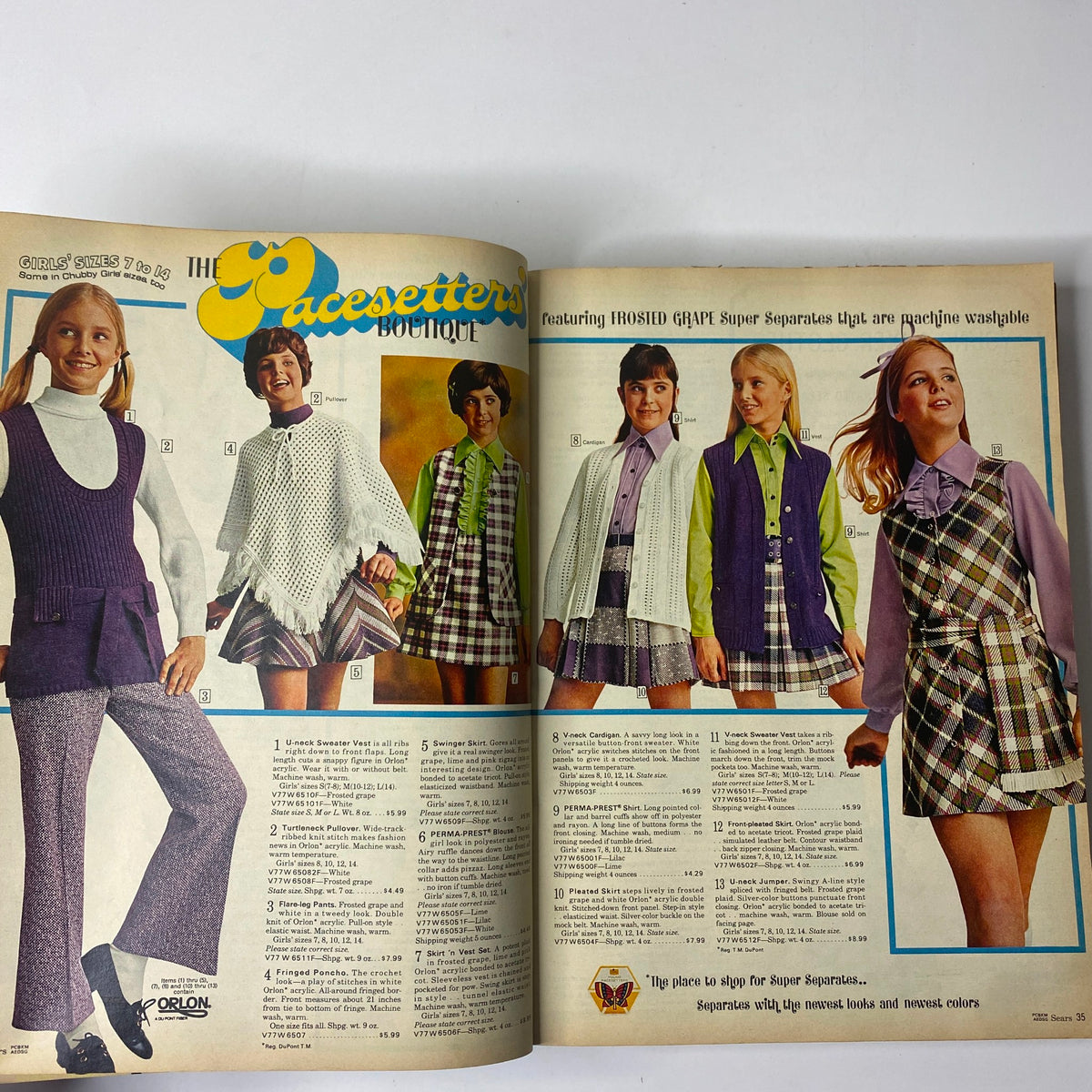 A colorful page from the 1970 Sears Fall and Winter Catalog highlighting trendy girls' fashion choices, including vests and skirts with vibrant patterns.