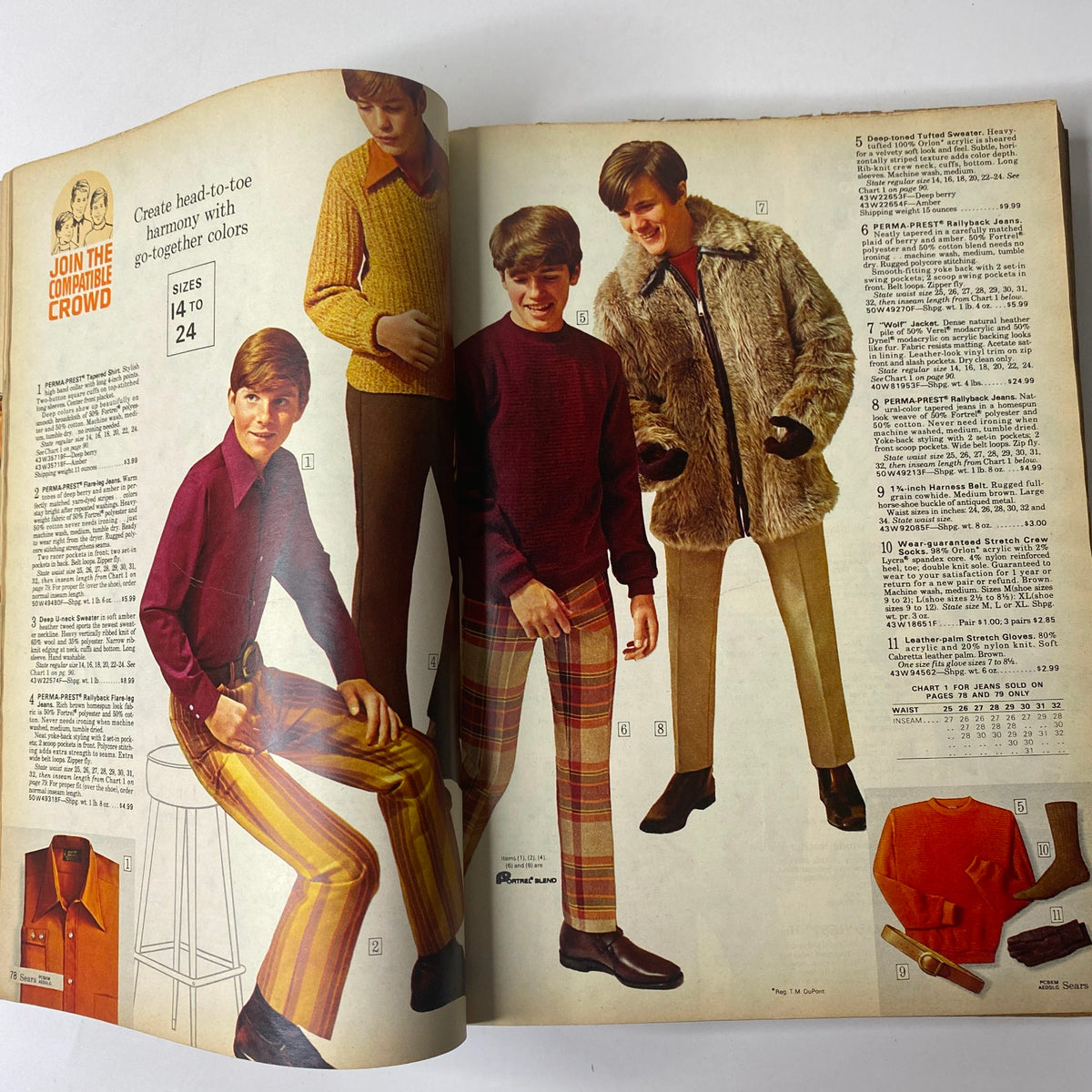 An image from the 1970 Sears Fall and Winter Catalog displaying fashionable clothing for boys, emphasizing stylish sweaters and plaid pants.