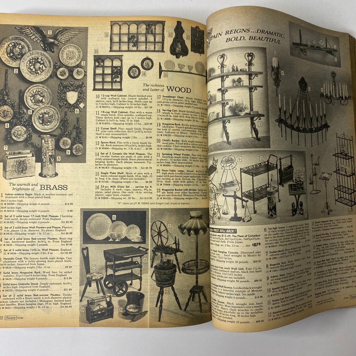 1970 Sears Fall and Winter Catalog displaying various home decor items, including wall cabinets and decorative brass pieces, depicting mid-century modern design.