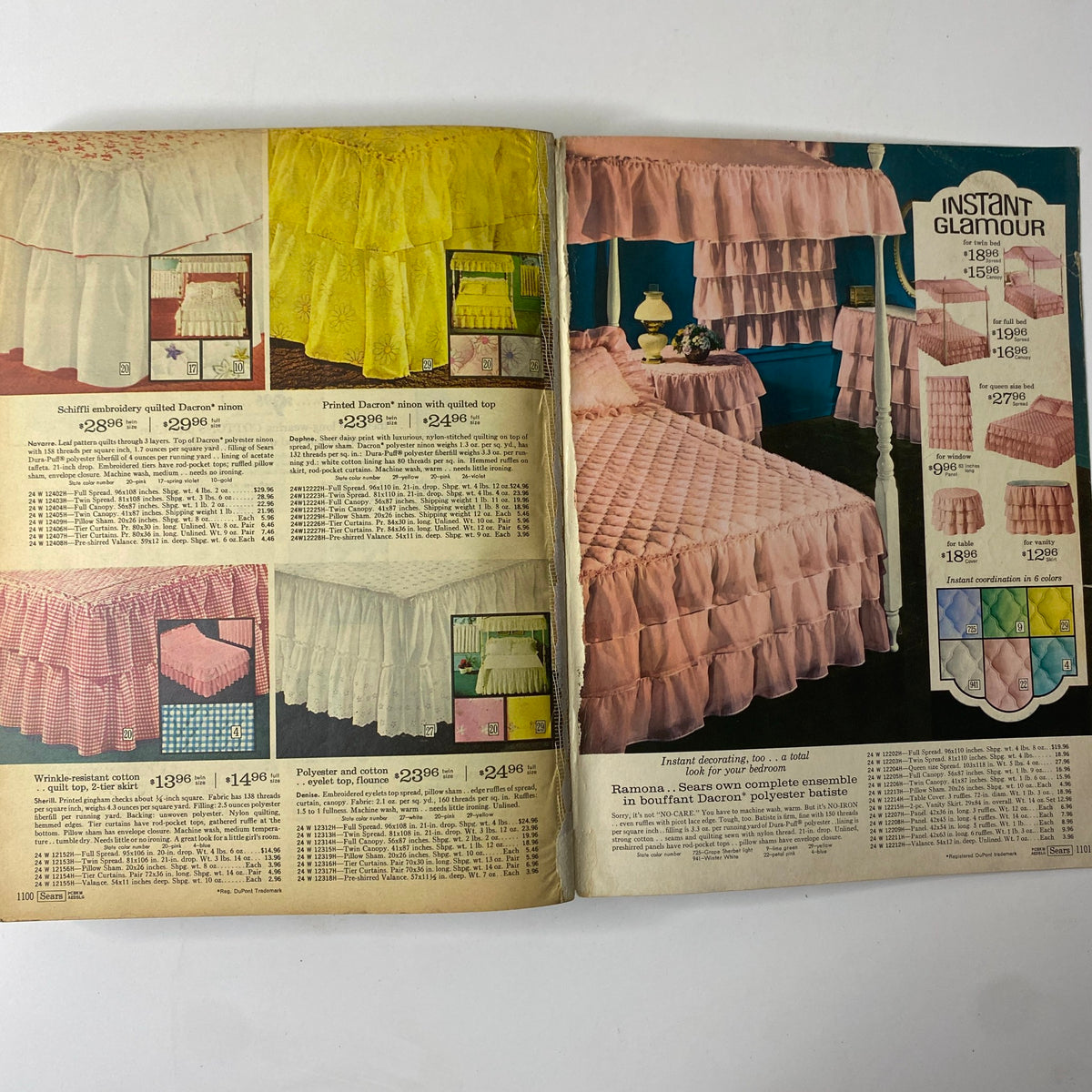 1970 Sears Fall and Winter Catalog illustrating bedding options with colorful quilts and bed skirts, showcasing fashionable home accessories of the 1970s.