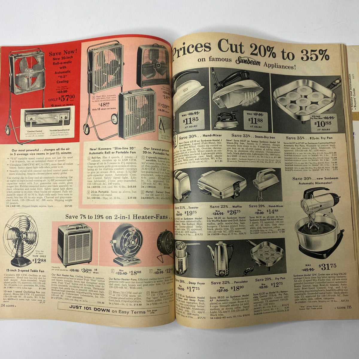 1958 Sears Summer Sale Catalog featuring home appliances and fans, illustrating the discounted products and their prices, typical of mid-century consumer culture.