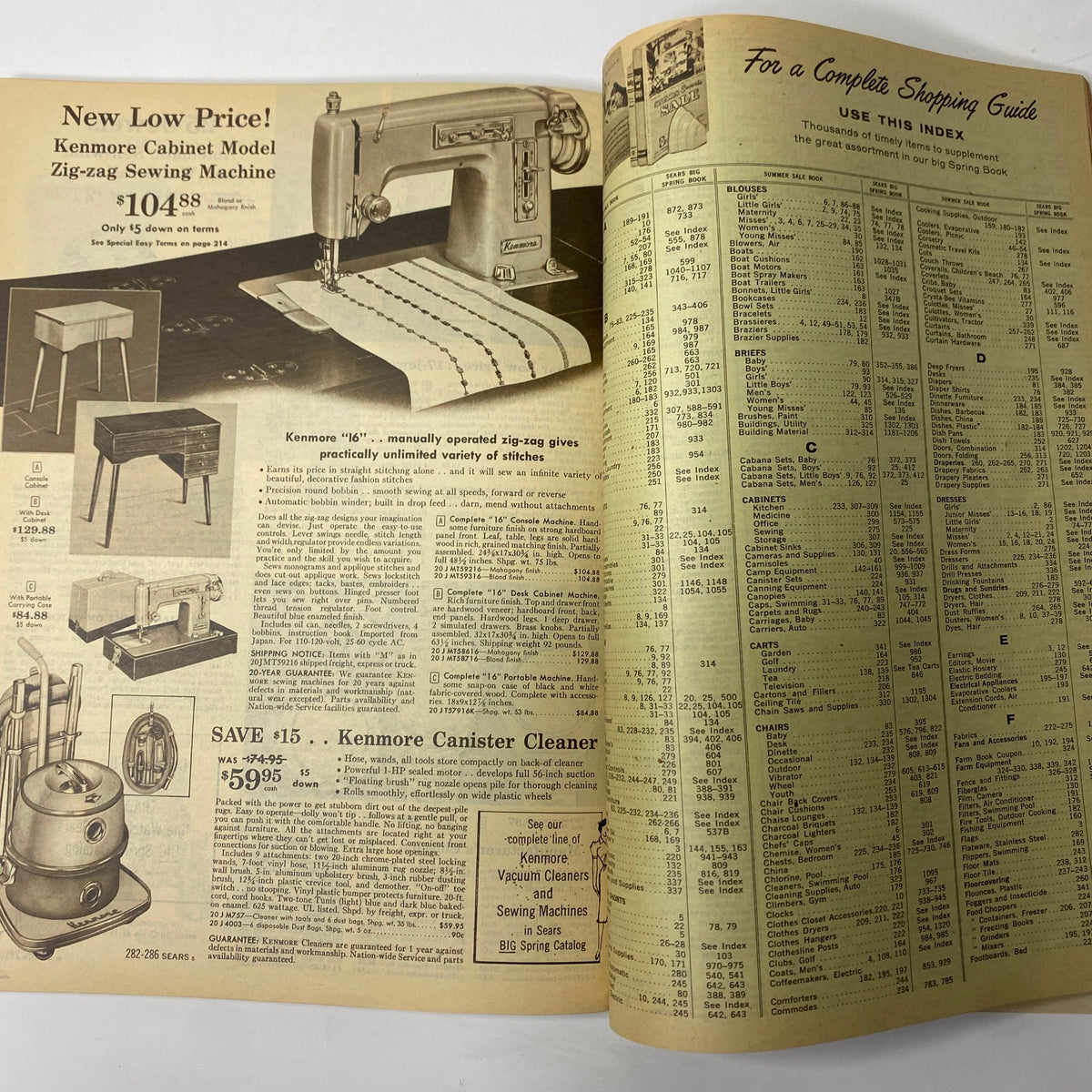 1958 Sears Summer Sale Catalog featuring Kenmore sewing machines and home appliances, with detailed pricing and product information.