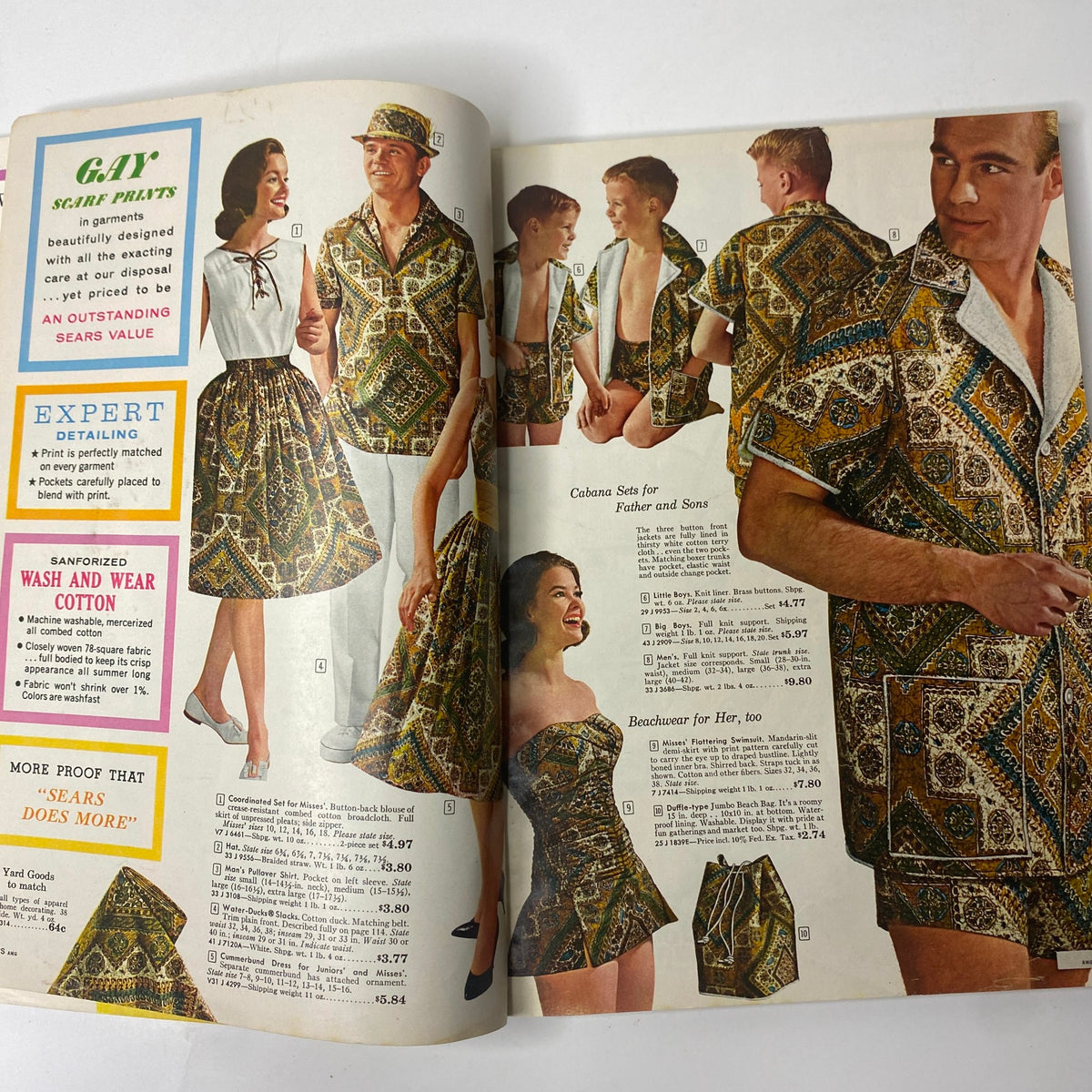 1961 Sears Summer Book Catalog showcasing colorful cabana sets for fathers and sons, featuring stylish summer apparel for men, women, and children.