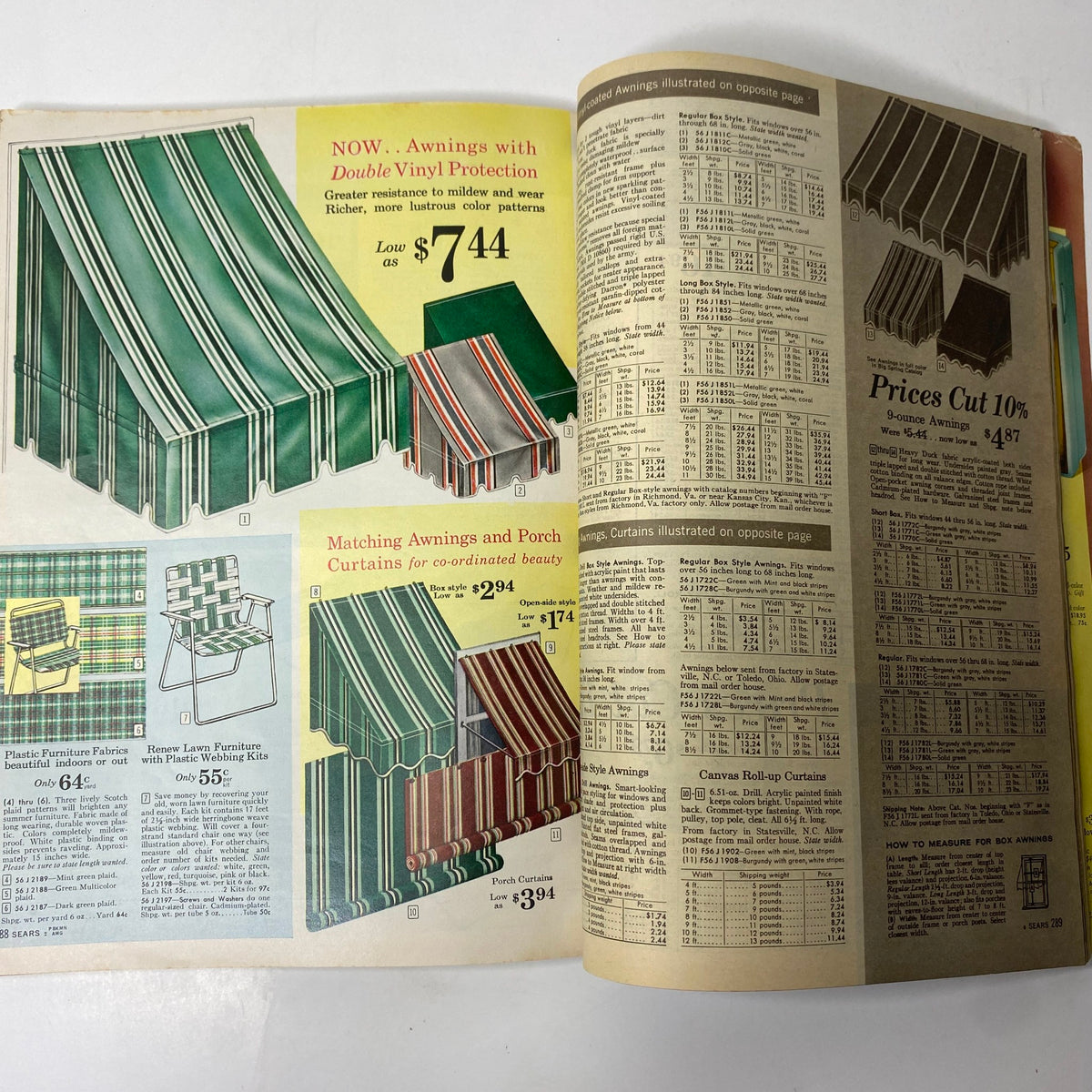 1961 Sears Summer Book Catalog displaying awnings and porch curtains with vibrant color patterns, emphasizing outdoor summer living aesthetics.