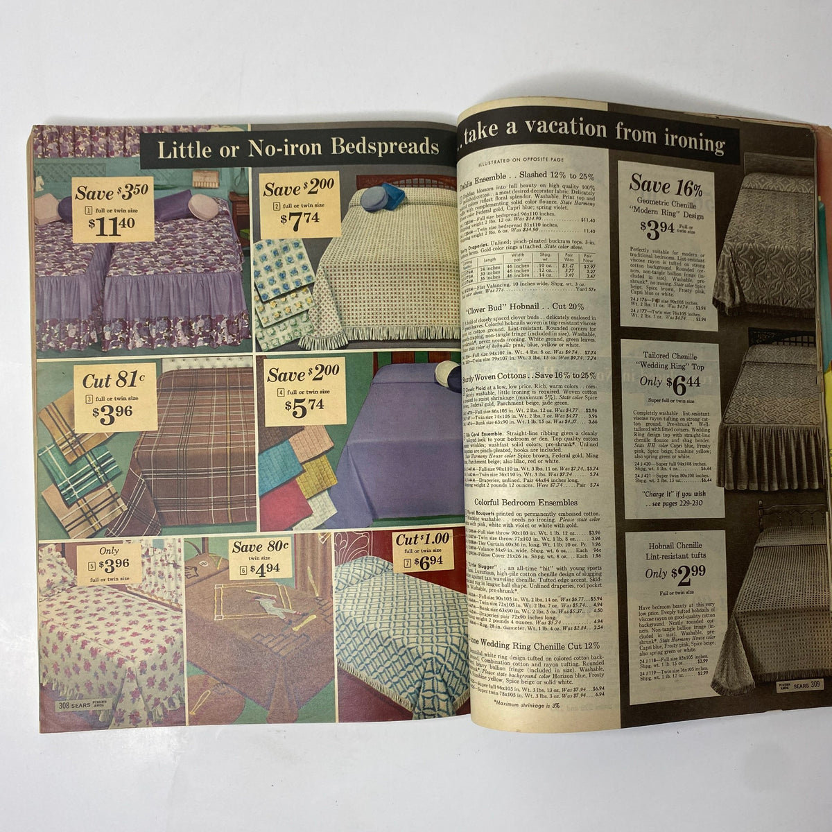 1961 Sears Summer Book Catalog featuring a variety of bedspreads and bedding options focused on convenience and design, portraying trendy decor choices.