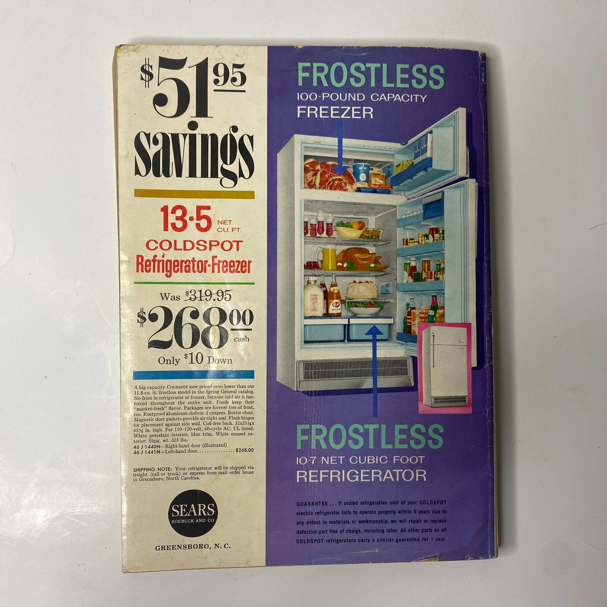 1961 Sears Summer Book Catalog showcasing a Coldspot refrigerator-freezer with promotional savings, emphasizing durable kitchen appliances for summer entertaining.