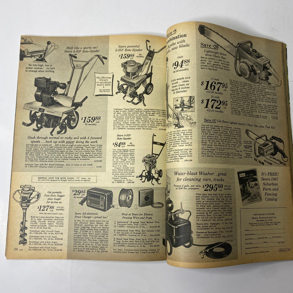 1967 Sears Summer Catalog Way showcasing various lawn and garden equipment, including the Sears 4-HP Roto-Spader and 6-HP models with prices indicated.