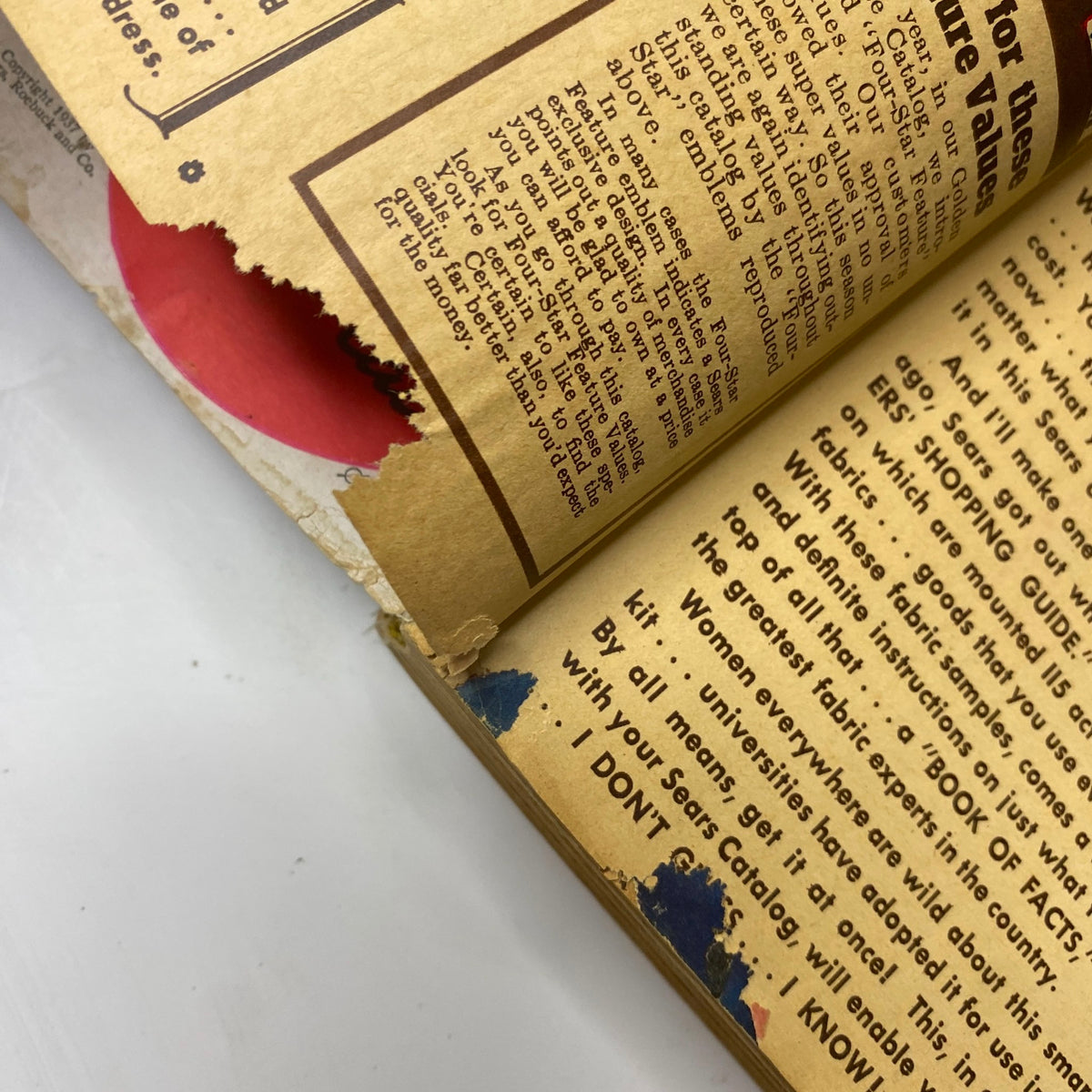 Close-up view of the 1937 Sears, Roebuck and Co. Boston Spring and Summer Catalog, showcasing the wear and tear typical of vintage magazines, making it a valuable collectible.