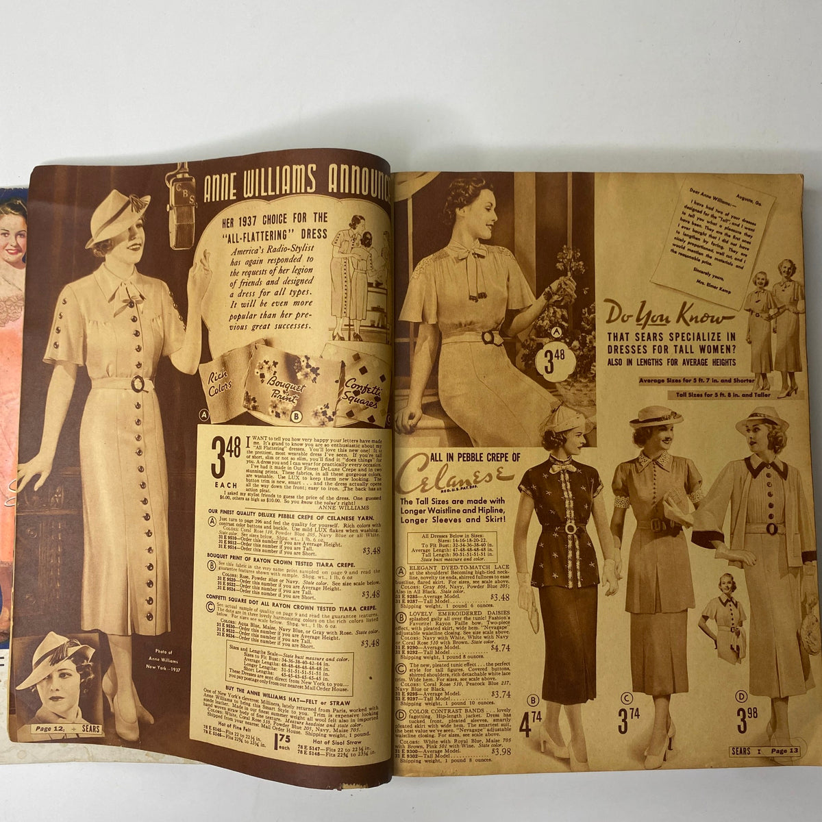 An interior page of the 1937 Sears, Roebuck and Co. Boston Spring and Summer Catalog featuring dresses from the Anne Williams collection designed for tall women, exemplifying 1930s fashion.