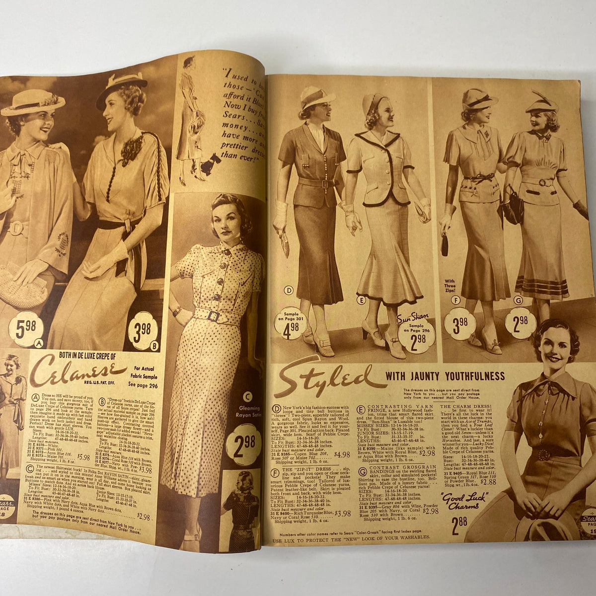 Another interior page of the 1937 Sears, Roebuck and Co. Boston Spring and Summer Catalog displaying various stylish dresses and outfits, highlighting 1930s fashion design for women.