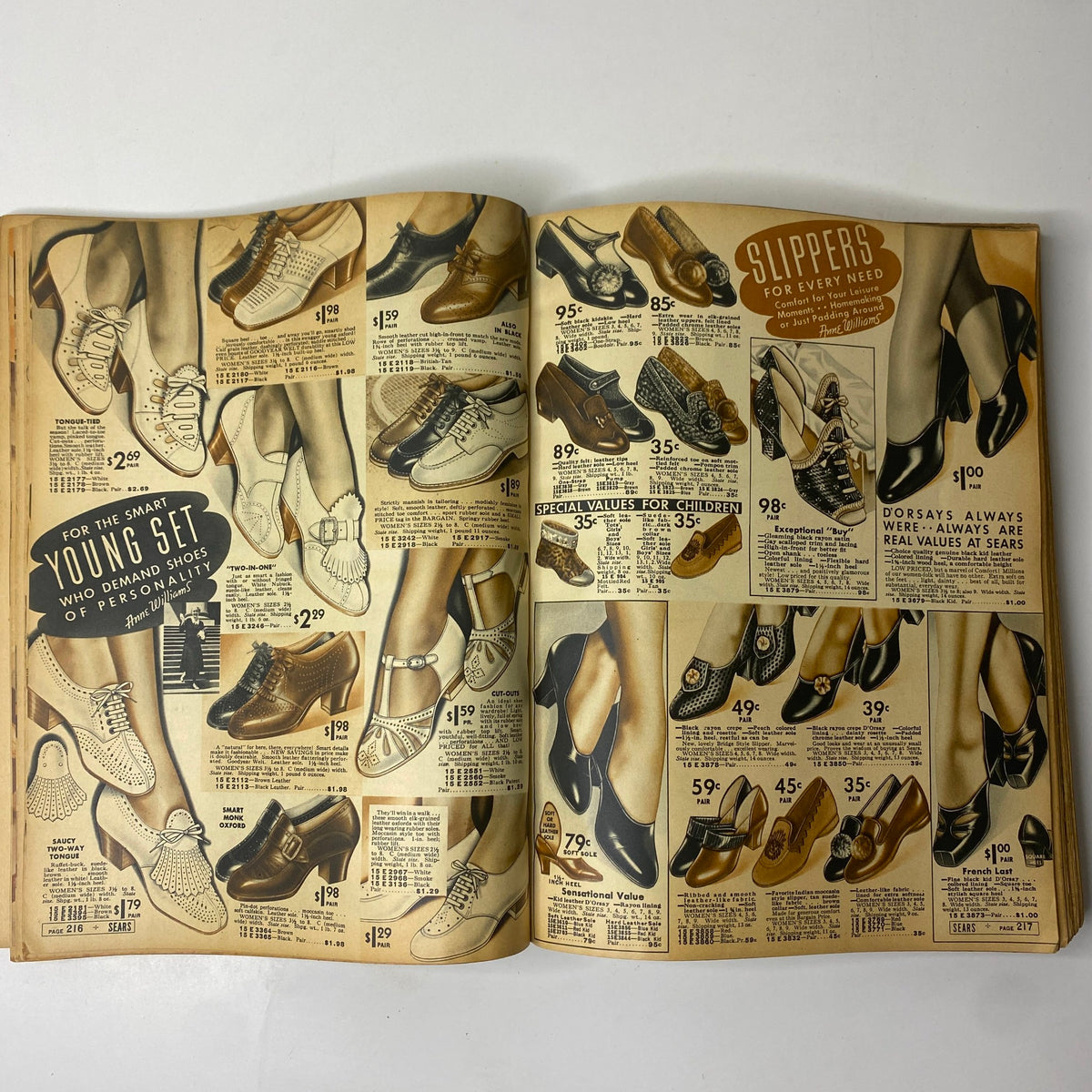 1937 Sears, Roebuck and Co. Boston Spring and Summer Catalog highlighting a range of stylish footwear, including shoes and slippers, for young individuals with various budget options.