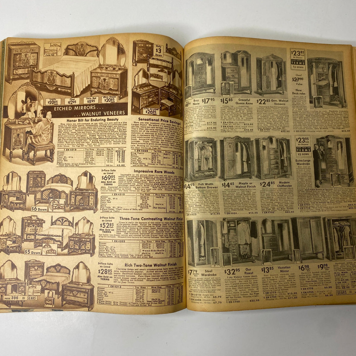 1937 Sears, Roebuck and Co. Boston Spring and Summer Catalog presenting vintage furniture items with an emphasis on walnut veneers and elegant designs, showcasing prices and product details.