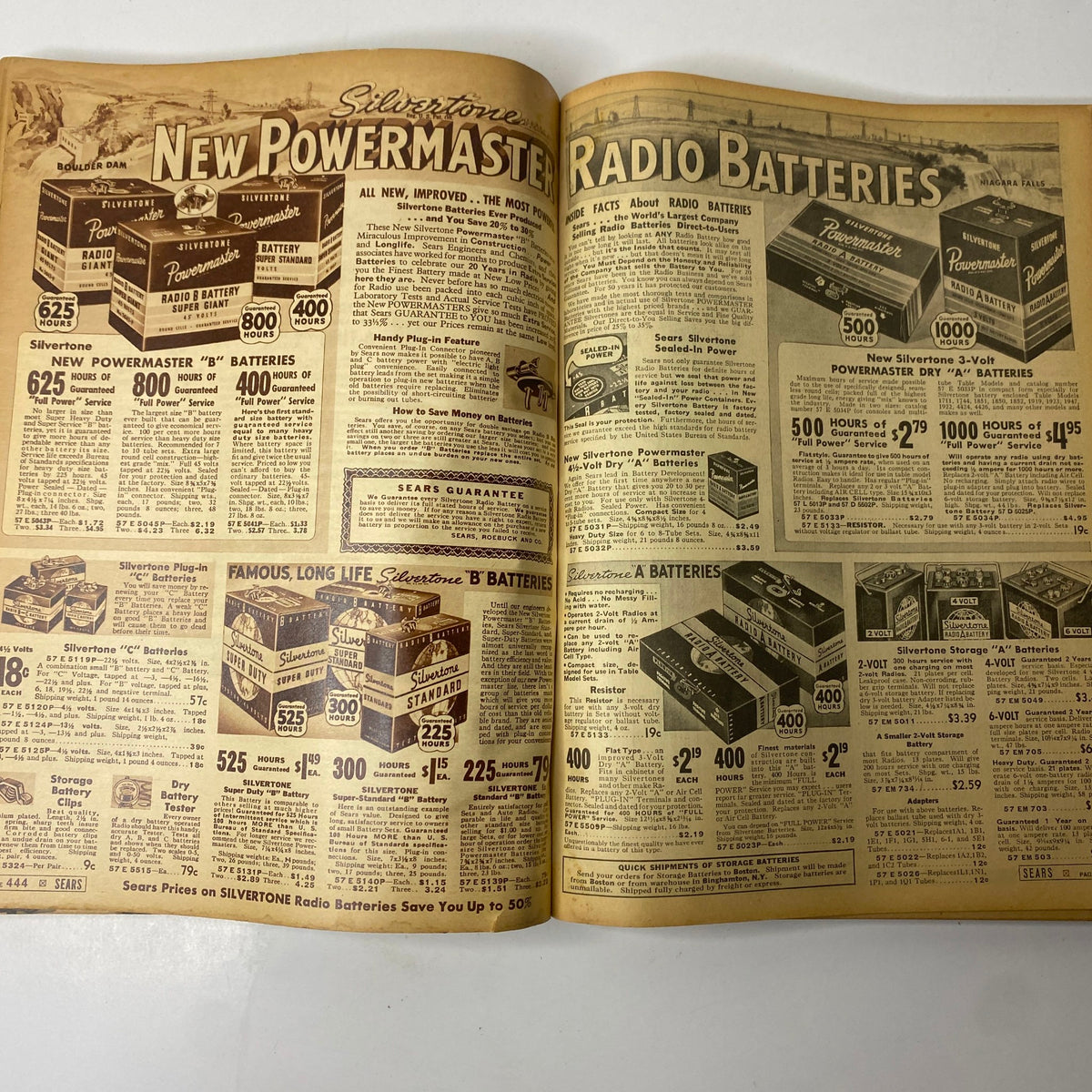 1937 Sears, Roebuck and Co. Boston Spring and Summer Catalog displaying various radio batteries and accessories, highlighting their features and price points for consumers.