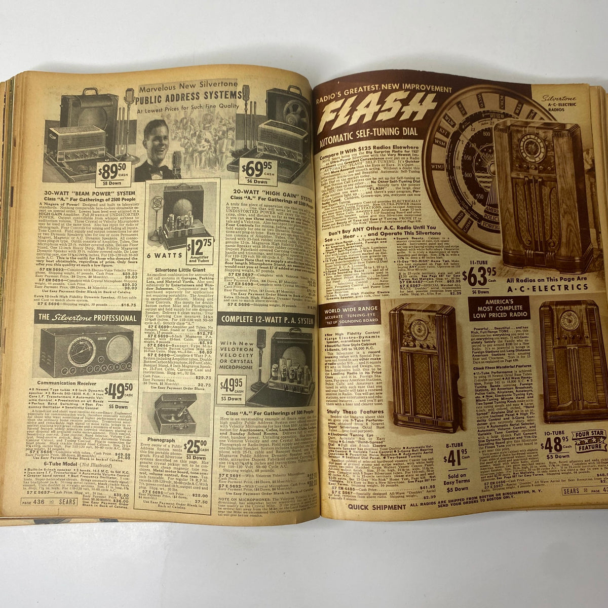 1937 Sears, Roebuck and Co. Boston Spring and Summer Catalog featuring public address systems and radios, showcasing a variety of products available for purchase with detailed descriptions.