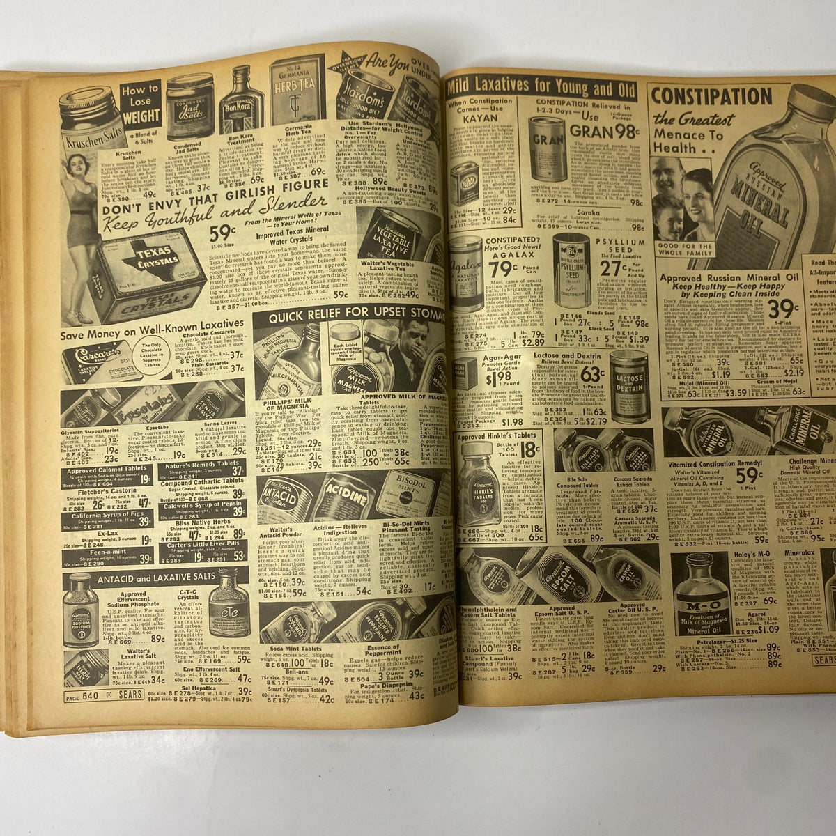 1937 Sears, Roebuck and Co. Boston Spring and Summer Catalog displaying various laxatives and health remedies, including brand names and prices.