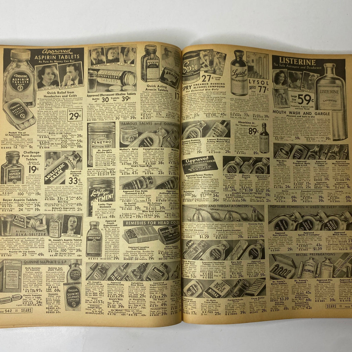 1937 Sears, Roebuck and Co. Boston Spring and Summer Catalog featuring a variety of aspirin tablets and medicinal products, with pricing and descriptions.