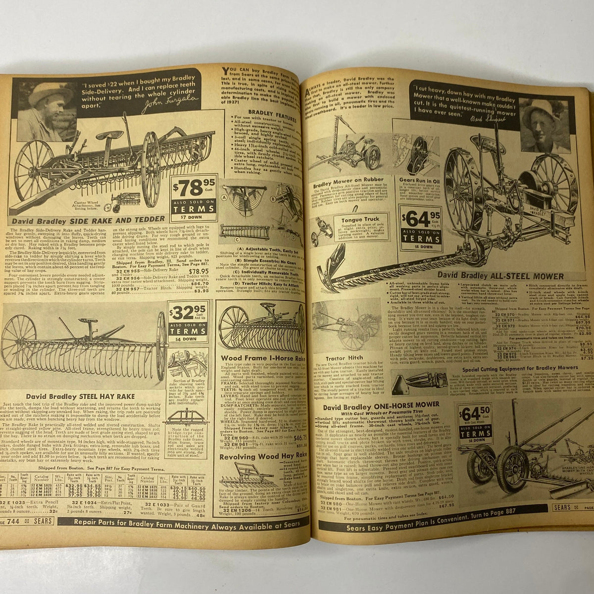 Page from the 1937 Sears, Roebuck and Co. Boston Spring and Summer Catalog highlighting farm machinery including David Bradley hay equipment.
