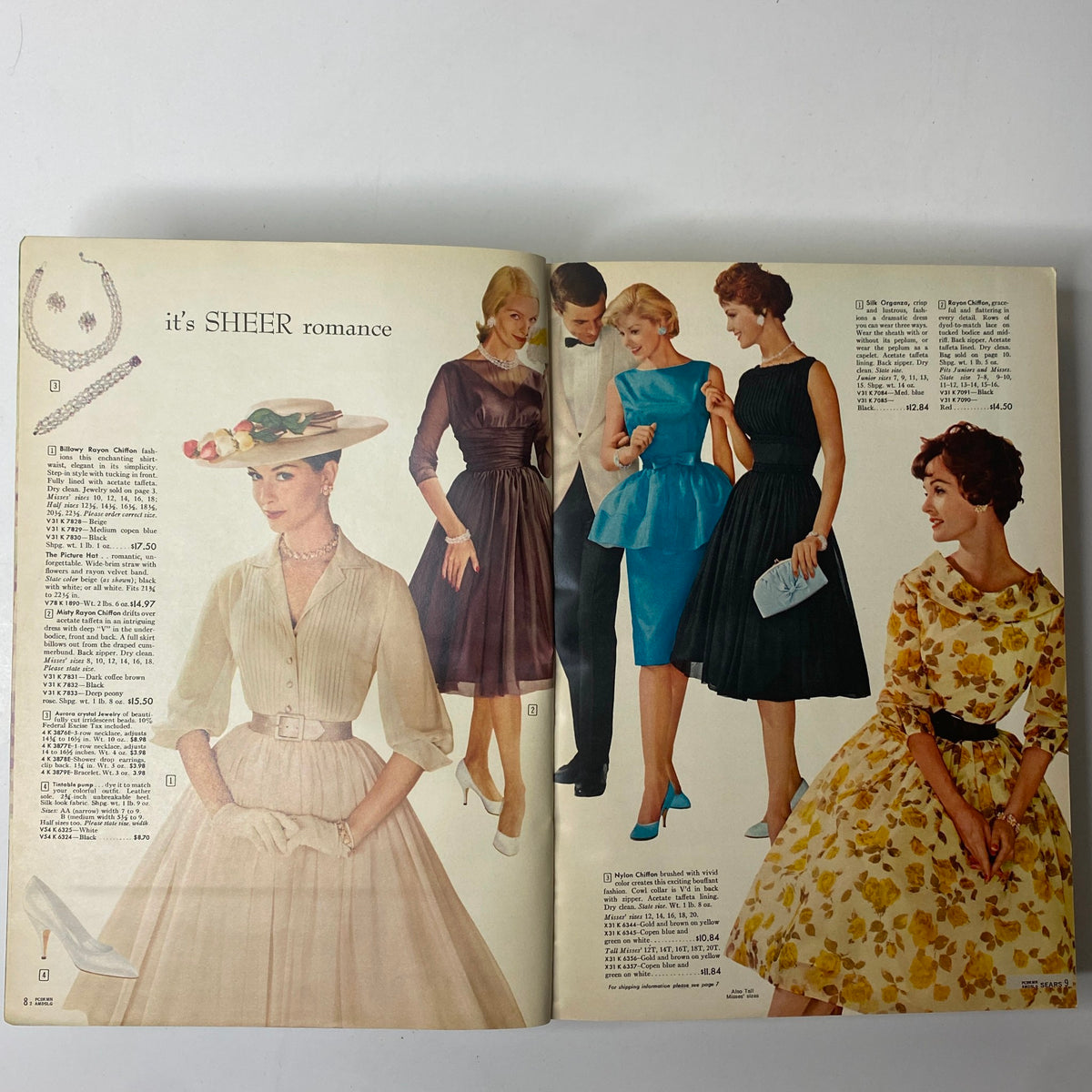 Inside pages of the 1960 Sears Roebuck and Co. Illinois Spring through Summer Catalog displaying elegant women's fashion including dresses and accessories, reflecting the iconic styles of the early 1960s.