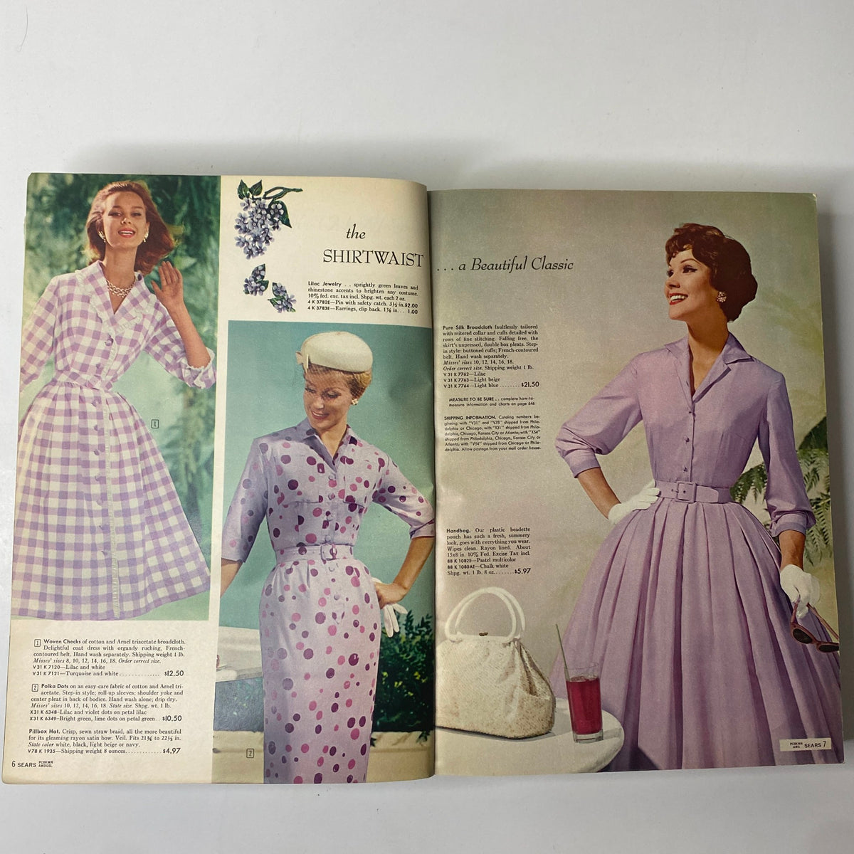 Inside spread of the 1960 Sears Roebuck and Co. Illinois Spring through Summer Catalog featuring fashionable shirtwaist dresses and accessories, illustrating the vintage fashion trends of the early 60s.