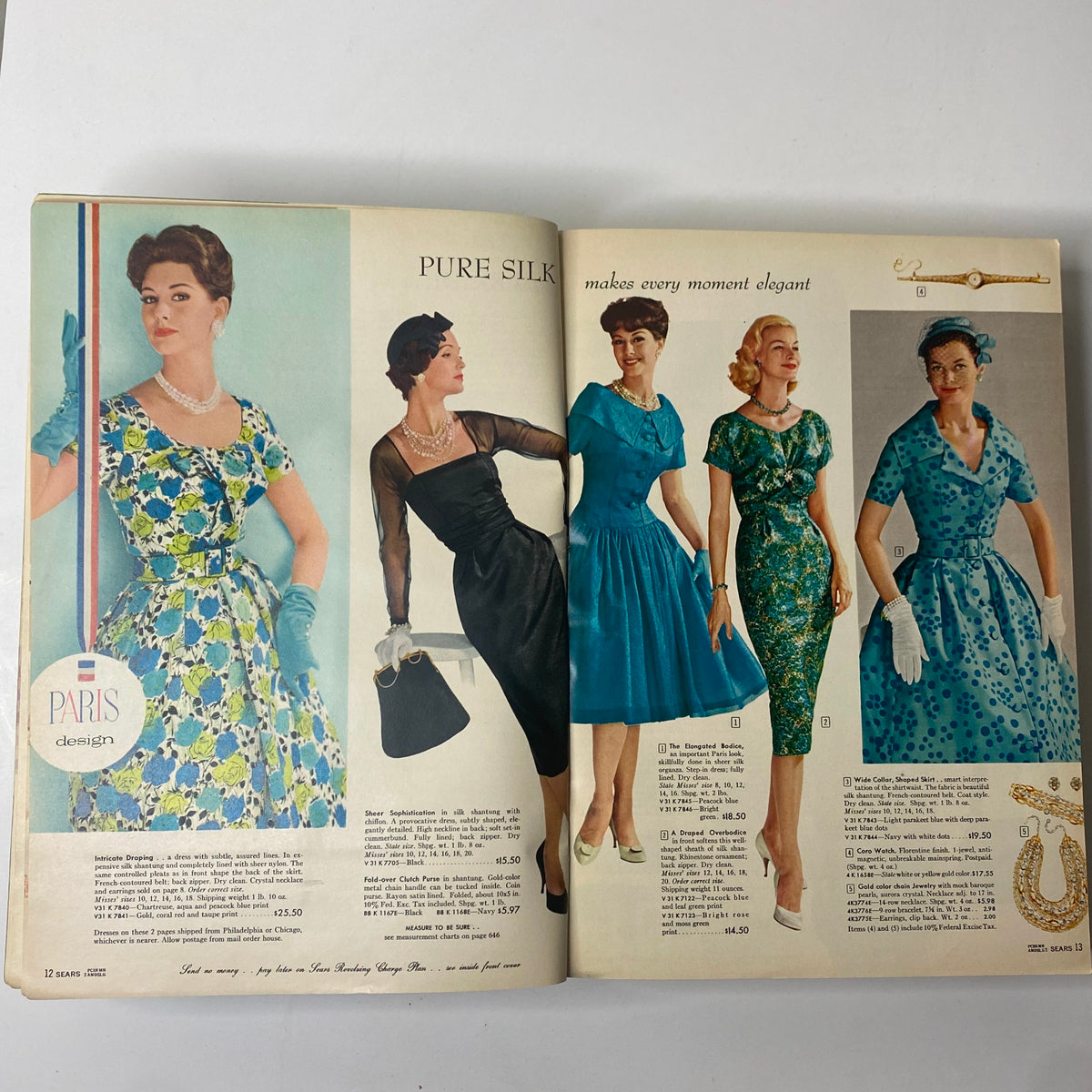 1960 Sears Roebuck and Co. Illinois Spring through Summer Catalog showcasing elegant women's fashion patterns, including colorful dresses and stylish outfits for the early 1960s.