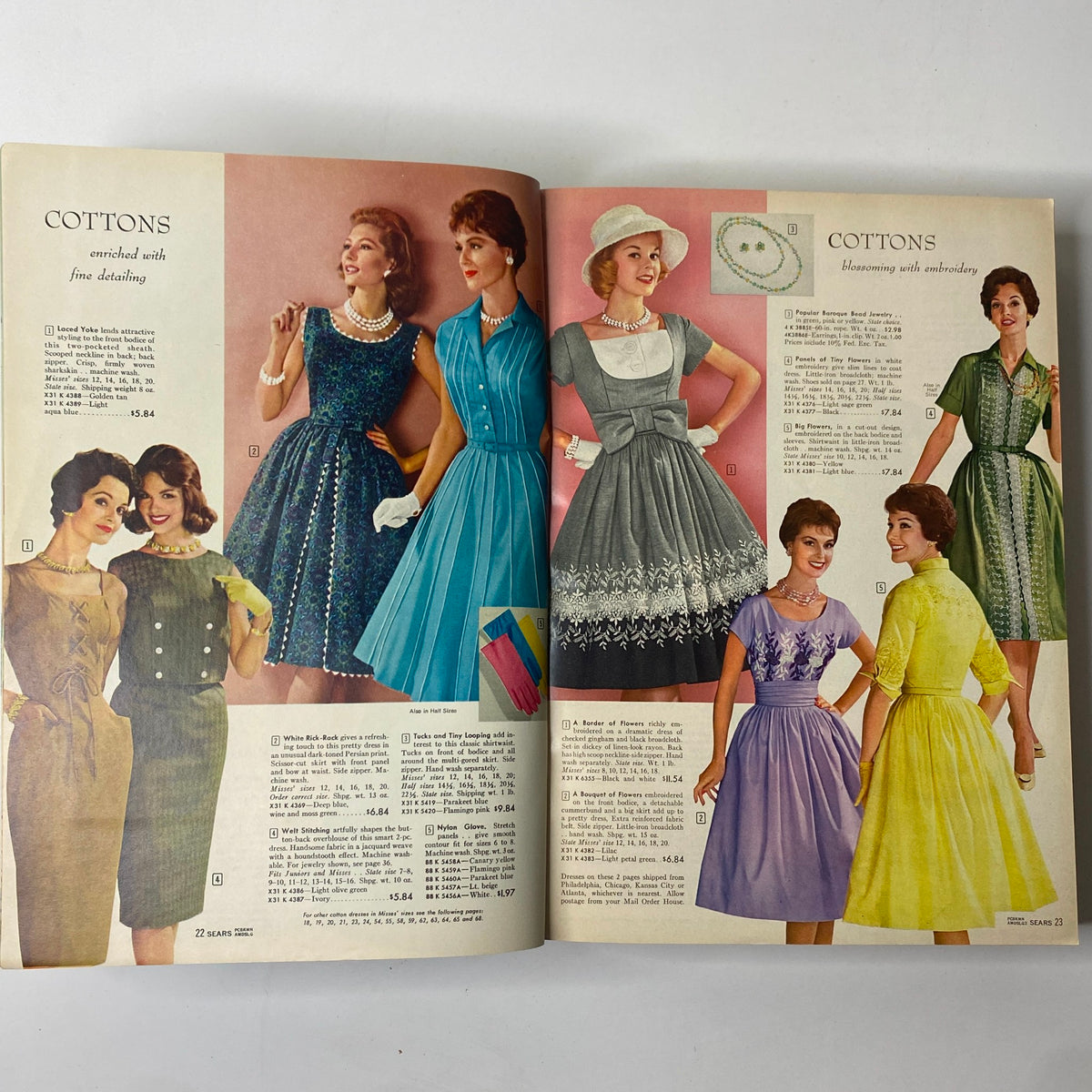 1960 Sears Roebuck and Co. Illinois Spring through Summer Catalog displaying vintage cotton dresses, highlighting fabric details and fashion choices popular in the 1960s.