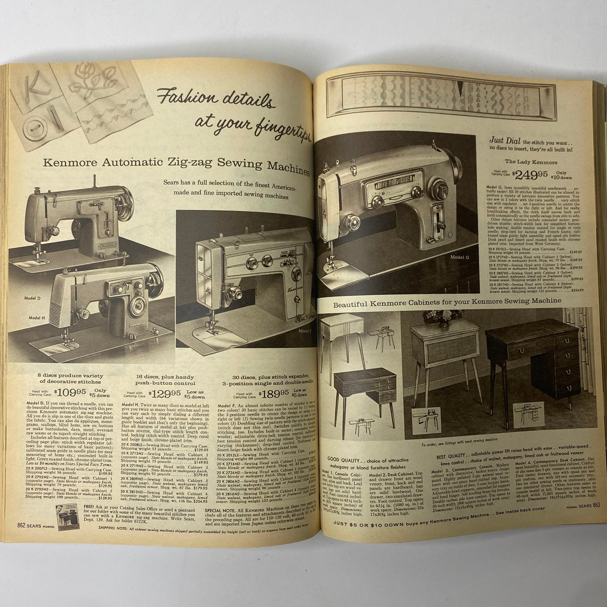 1960 Sears Roebuck and Co. Illinois Spring through Summer Catalog showcasing Kenmore Automatic Zig-zag Sewing Machines with prices and features.