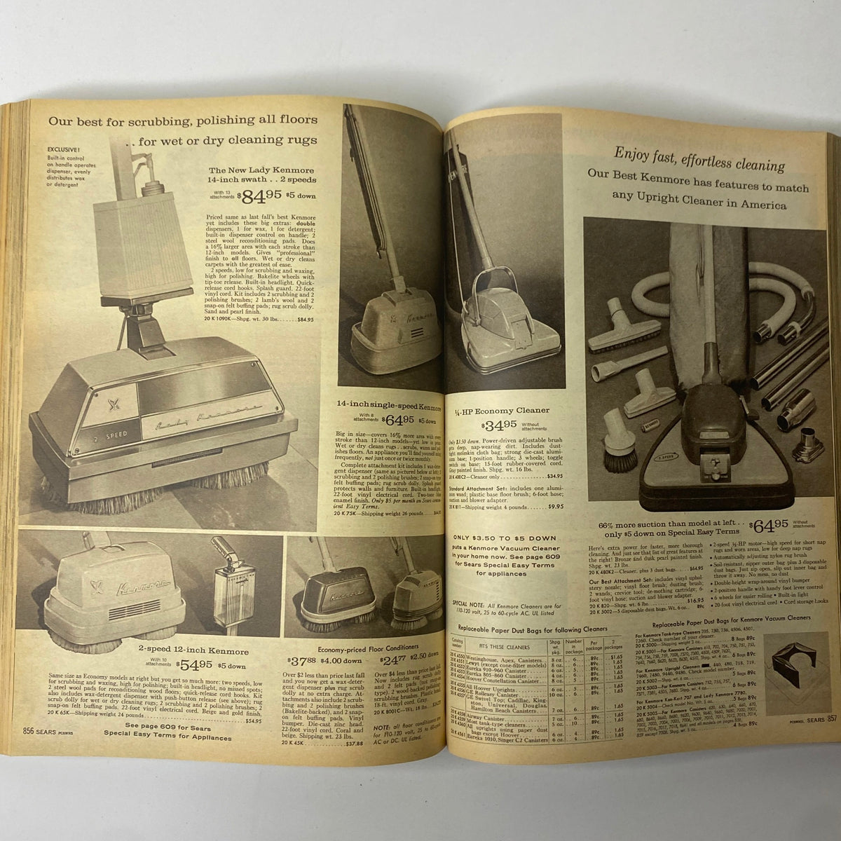 1960 Sears Roebuck and Co. Illinois Spring through Summer Catalog displaying various Kenmore vacuum cleaners and their features, promoting effortless cleaning.