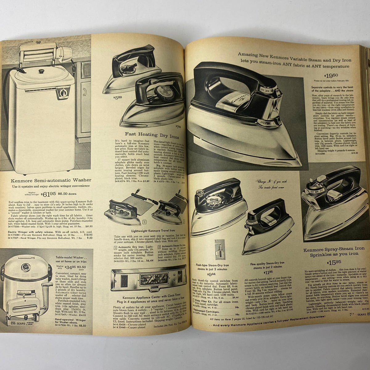 1960 Sears Roebuck and Co. Illinois Spring through Summer Catalog highlighting Kenmore kitchen appliances including a washer and dry iron with affordable prices.