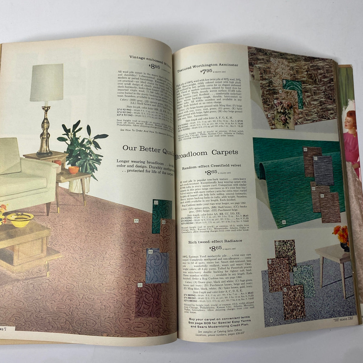 Image from the 1960 Sears Roebuck and Co. Illinois Spring through Summer Catalog showcasing various vintage carpets and home décor items including a lamp, plant, and pricing information.