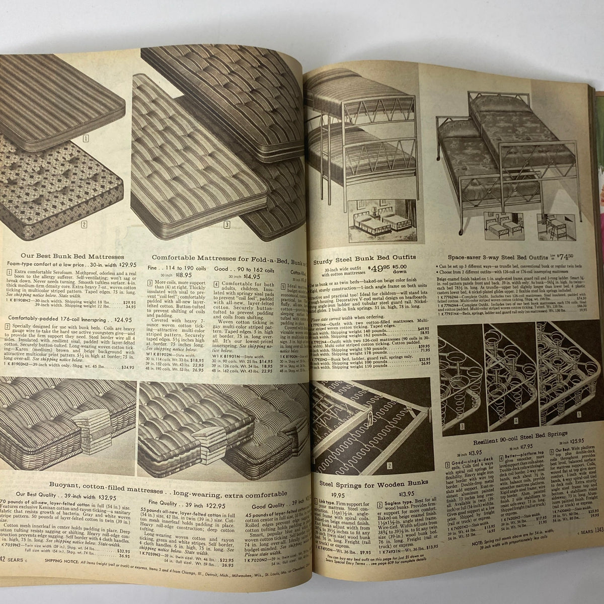 Illustration from the 1960 Sears Roebuck and Co. Illinois Spring through Summer Catalog featuring different styles of bunk bed mattresses and bed setups with pricing details.